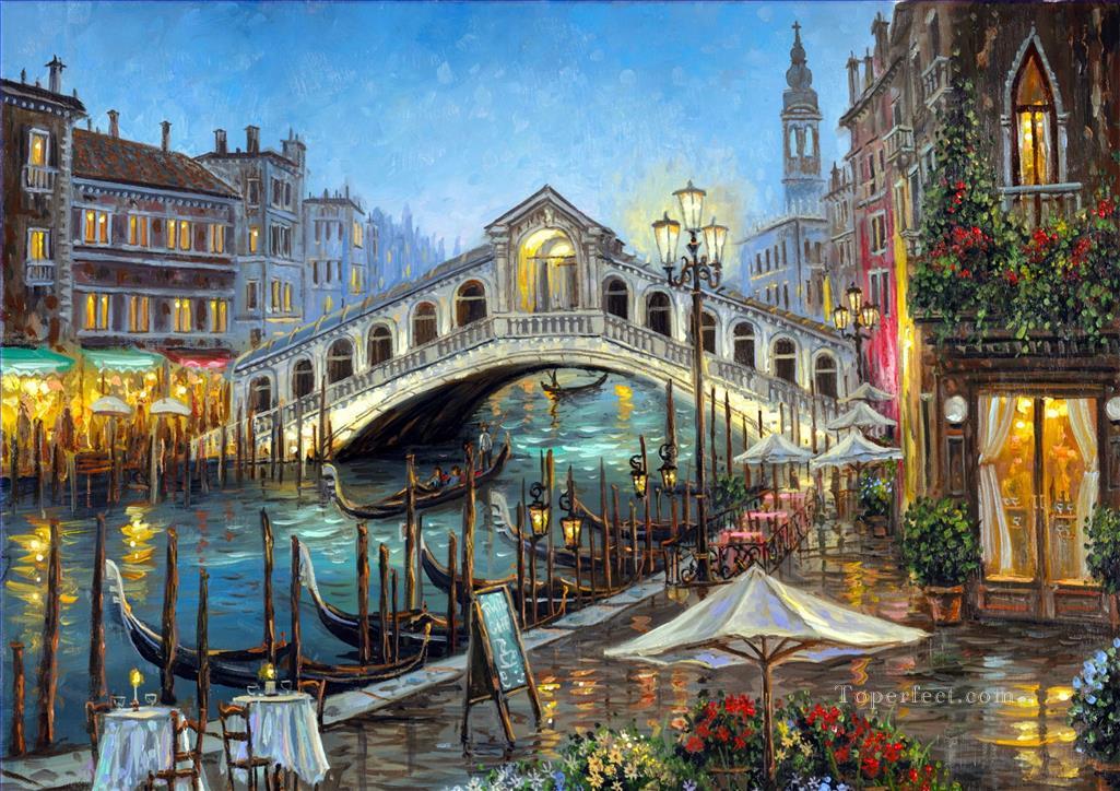 bridge street shops riverbank cityscape modern city scenes Oil Paintings